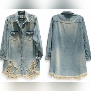 UNIVERSAL HIGHWAY Womens LONG Distressed Denim DUSTER Shacket Jacket Coat Sz 2XL